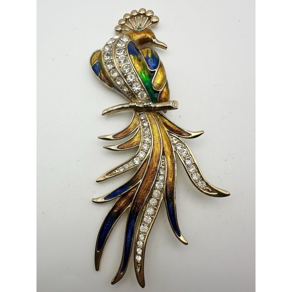 Vintage Enamel Crystal Peacock Bird Large Brooch Chunky